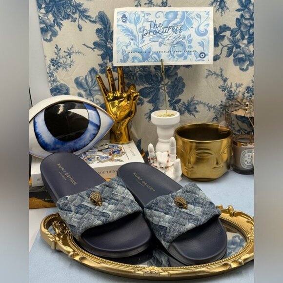 🆕 KURT GEIGER LONDON 🧿 NWOB Blue Denim Meena Eagle Slides, Sz EU 40.5 US 9.5 - Picture 3 of 14